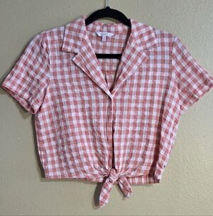 Candie's Pink and White Gingham Tie-Front Crop Shirt